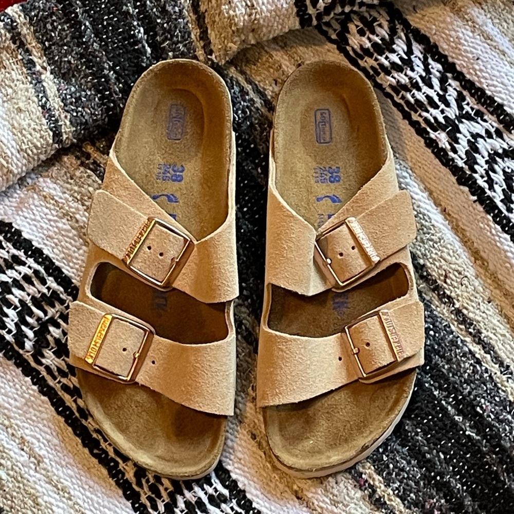 BARELY USED Birkenstocks- Arizona Taupe suede with brass color buckles